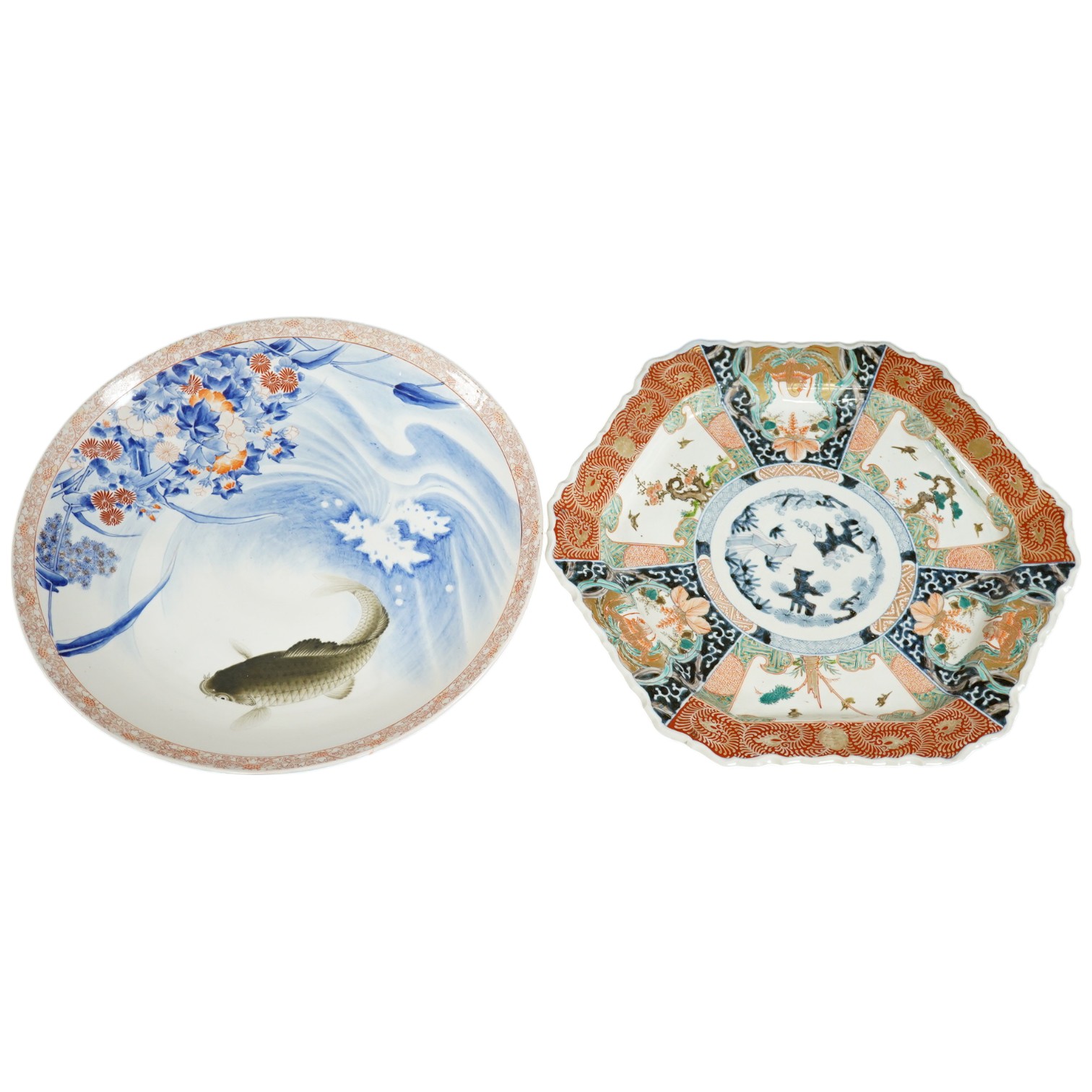 Two Japanese Imari style dishes, both Meiji period, one by Fukagawa decorated with a leaping carp, mountain mark to the base, largest 46cm in diameter. Condition - good